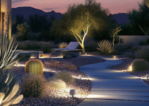 A paver walkway with lights guiding the way