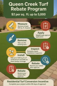 An infographic with Queen Creek's turf program info, including price per foot and how to apply for the rebate
