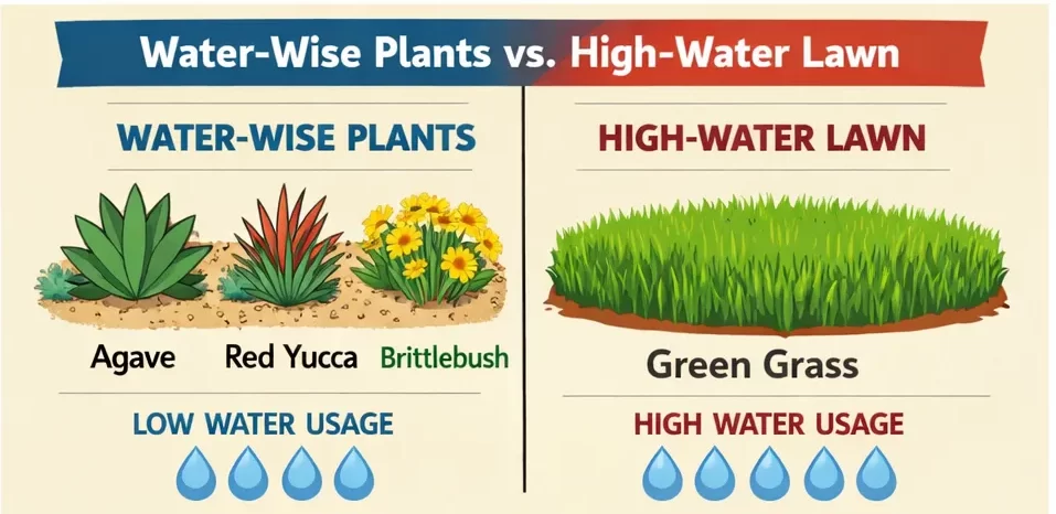 Comparison chart showing low‑water plants like agave, red yucca and brittlebush versus a high‑water lawn, with droplet icons indicating relative water needs.