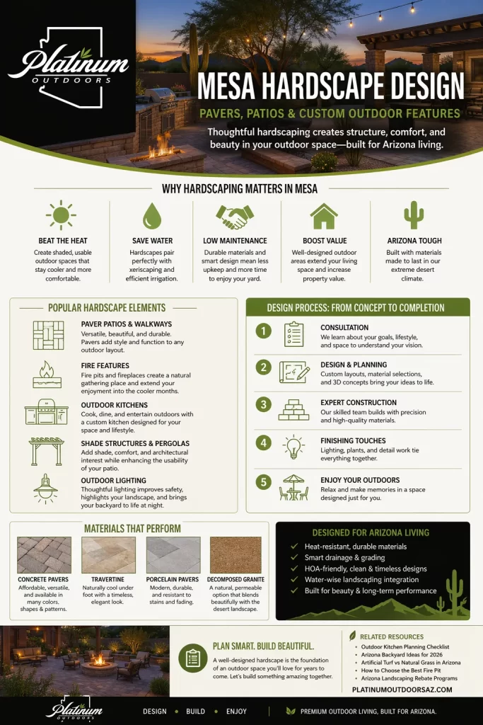 Infographic showing Mesa hardscape design ideas including paver patios, outdoor kitchens, fire features, pergolas, and materials built for Arizona heat and low-maintenance outdoor living