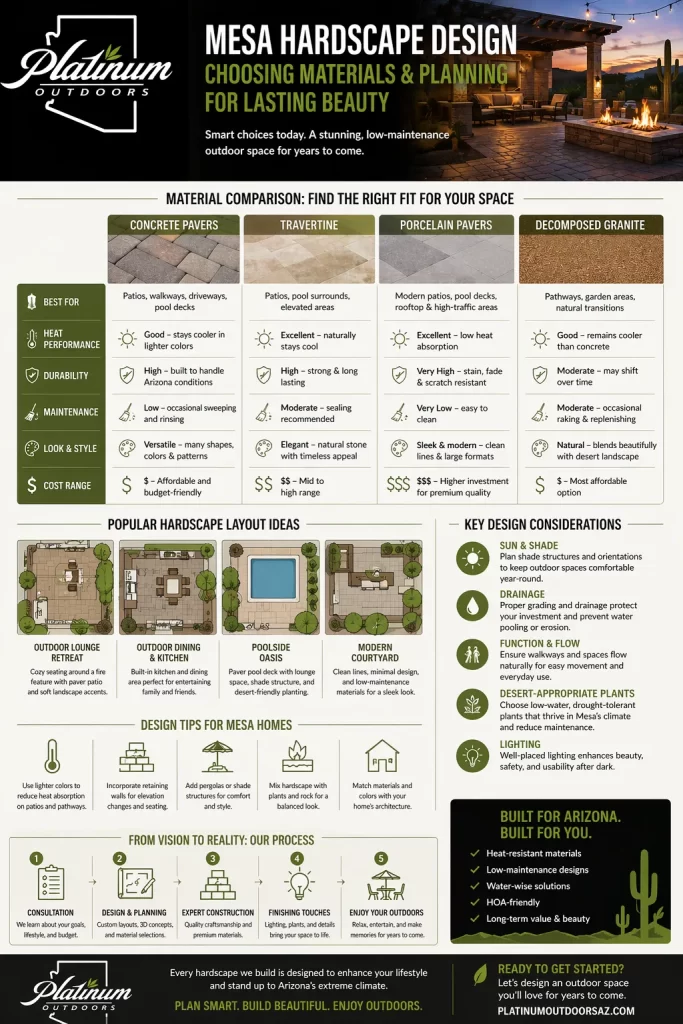 Infographic comparing hardscape materials in Mesa AZ including concrete pavers, travertine, porcelain, and decomposed granite with design tips for patios and outdoor layouts