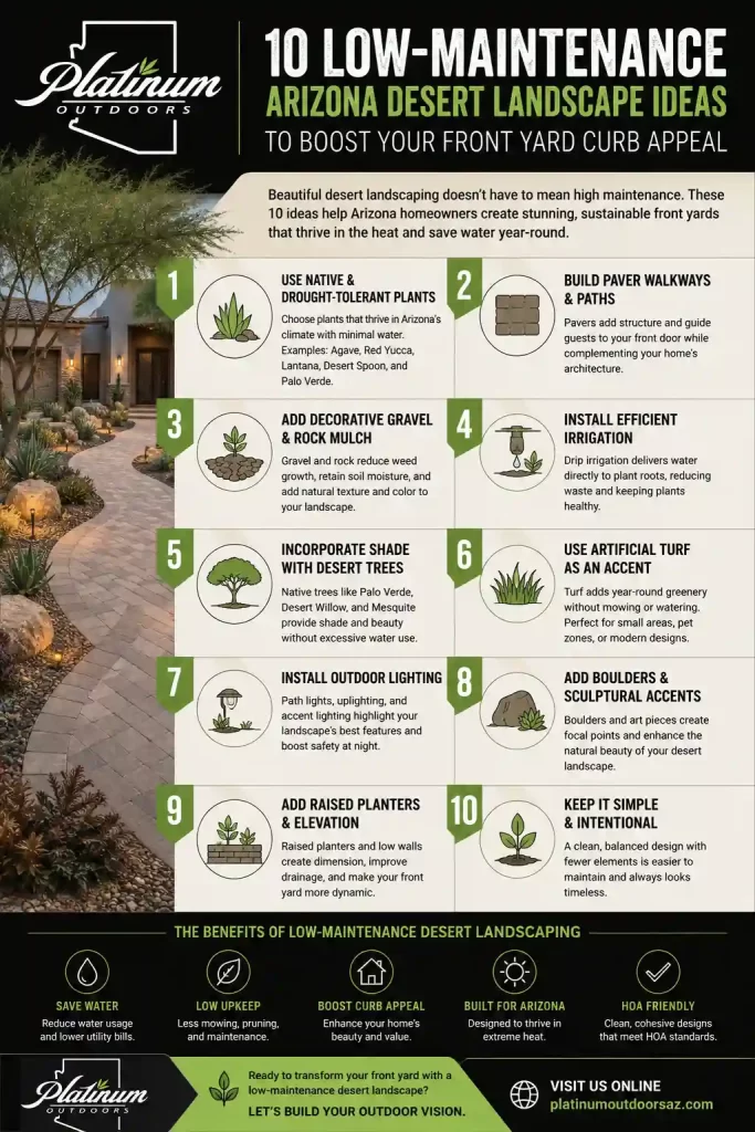 Infographic showing 10 low-maintenance Arizona desert landscape ideas including drought-tolerant plants, paver walkways, decorative gravel, irrigation, shade trees, artificial turf, outdoor lighting, and raised planters.