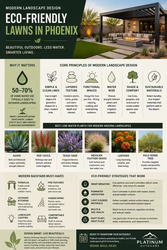 Infographic showing modern landscape design ideas for eco-friendly Phoenix lawns, including low-water plants, pergolas, fire features, hardscaping, smart irrigation, rainwater harvesting, and sustainable backyard design strategies.