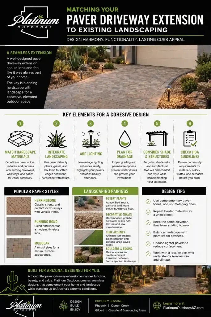 Matching Your Paver Driveway Extension to Existing Landscaping Infographic showing how to match a paver driveway extension with Arizona landscaping using coordinated pavers, desert plants, lighting, drainage planning, and modern hardscape design ideas.