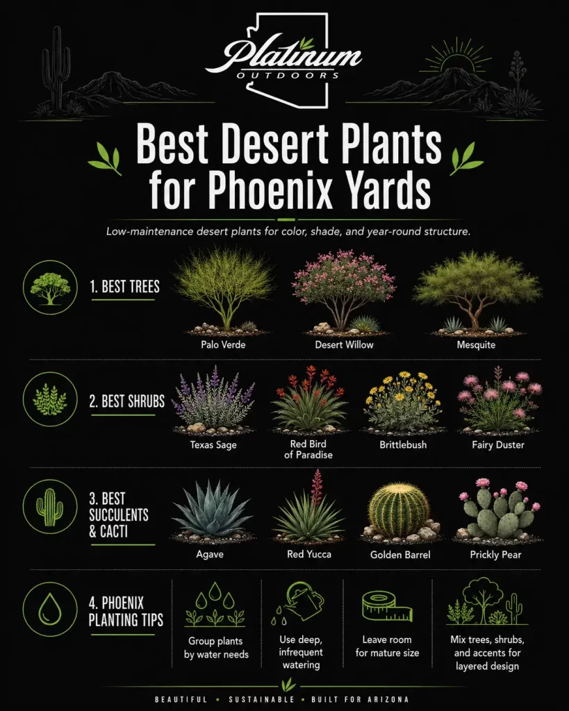 Best Desert Plants for Phoenix Yards Infographic showing recommended desert trees, shrubs, succulents, and cacti for Phoenix yards, including palo verde, desert willow, mesquite, Texas sage, red bird of paradise, brittlebush, fairy duster, agave, red yucca, golden barrel cactus, and prickly pear.