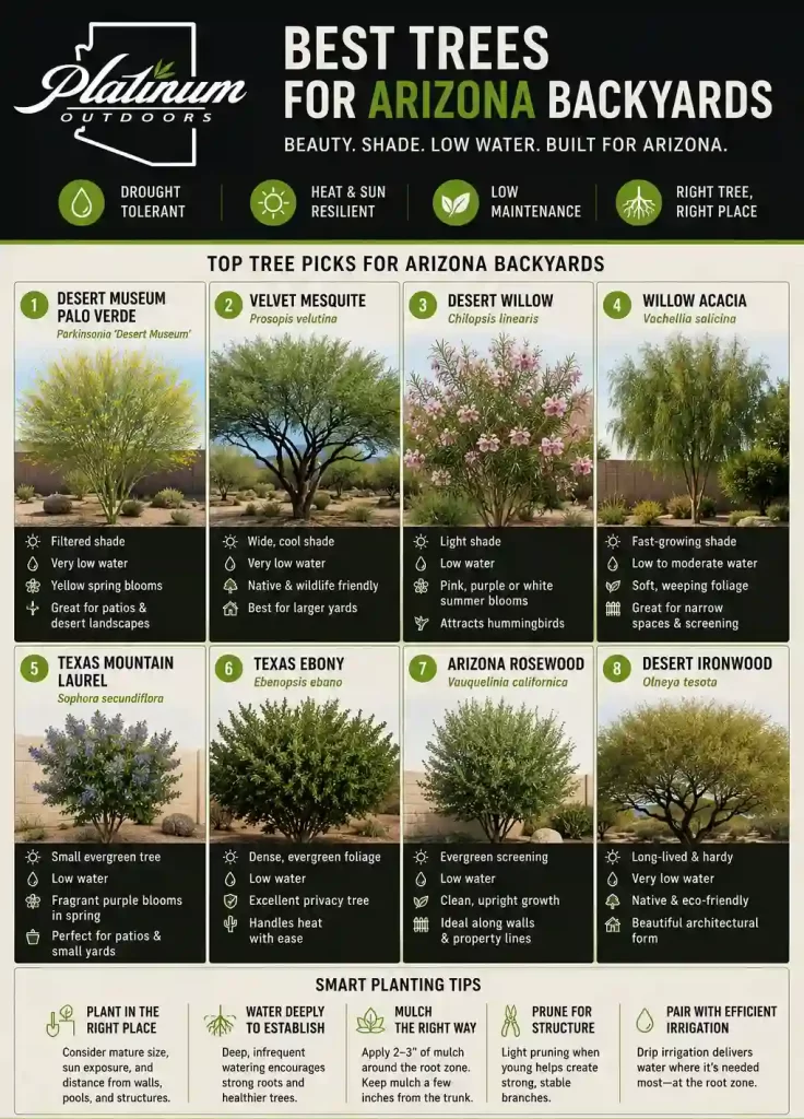 The best trees for Arizona backyards Infographic showing the best trees for Arizona backyards, including drought-tolerant shade trees, flowering trees, privacy trees, and smart planting tips.